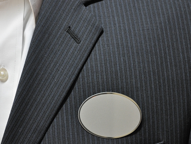 Logo on frosted silver oval 